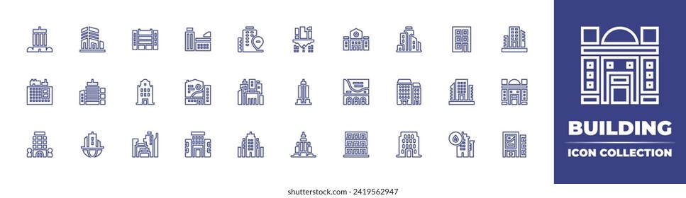 Building line icon collection. Editable stroke. Vector illustration. Containing office, office building, buildings, building, city, flats, headquarters, hotel, empire state building.