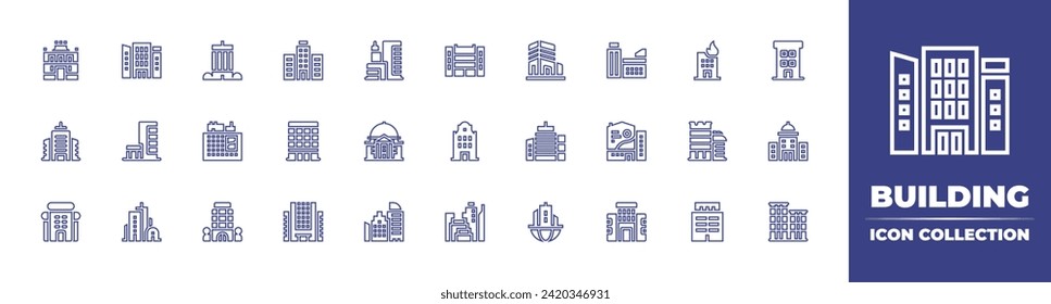 Building line icon collection. Editable stroke. Vector illustration. Containing building, office, skyscraper, headquarters, government building, city building, buildings.