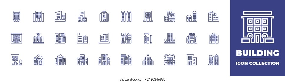 Building line icon collection. Editable stroke. Vector illustration. Containing hotel, building, office building, business, smart city, casino, buildings, furniture, office, town, residential, company