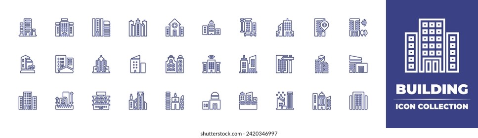 Building line icon collection. Editable stroke. Vector illustration. Containing building, city, measure, smart, green city, office building, shopping mall, flood, workplace, hotel, library, buildings.