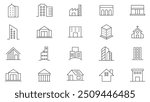Building line icon collection. Real estate, house, apartment, museum, architecture, cityscape, hospital, church, urban, home, hotel, and shopping mall icon set. UI outline icon pack