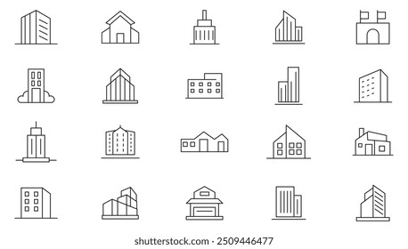 Building line icon collection. Real estate, house, apartment, museum, architecture, cityscape, hospital, church, urban, home, hotel, and shopping mall icon set. UI outline icon pack