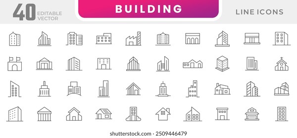 Building line icon collection. Real estate, house, apartment, museum, architecture, cityscape, hospital, church, urban, home, hotel, and shopping mall icon set. UI outline icon pack