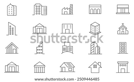 Building line icon collection. Real estate, house, apartment, museum, architecture, cityscape, hospital, church, urban, home, hotel, and shopping mall icon set. UI outline icon pack