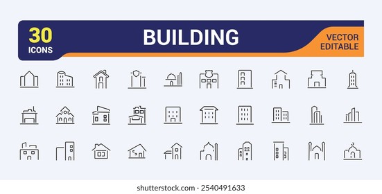 Criando coleções de ícones de linha. Contendo casa, arquitetura, supermercado, arranha-céu, residencial e muito mais. Ícones simples da Web. Traçado editável. Ilustração vetorial.