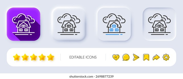 Icono de línea de construcción. Neumórfico, Sombra plana, Botones 3D. Señal de arquitectura de la casa. Símbolo de propiedad inmobiliaria. Icono de construcción de líneas. Iconos de redes sociales. Vector