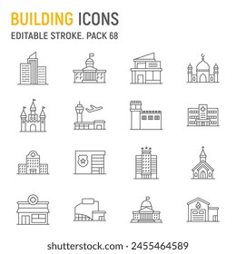Baulinien-Icon-Set, Architektur-Kollektion, Vektorgrafik-Grafiken, Logo-Illustrationen, Stadtgebäude Vektor-Icons, Stadtgebäude Zeichen, Umriss-Piktogramme, editierbarer Strich