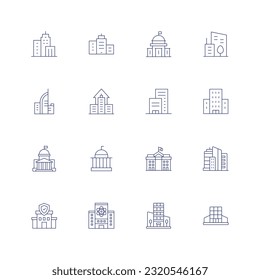 Building line icon set. Editable stroke. Thin line icon. Containing city, city building, city hall, company, condo, government, skyscrapers, insurance, laboratory, mall.