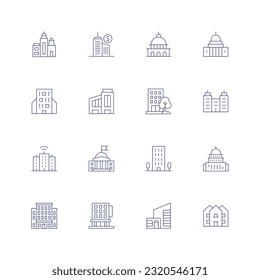 Building line icon set. Editable stroke. Thin line icon. Containing buildings, business center, capitol, company, smart city, embassy, flat, government, hotel, house.