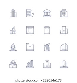 Building line icon set. Editable stroke. Thin line icon. Containing skyscraper, apartment, museum, office, company, building, polling place, real estate, government, skyline, insurance.