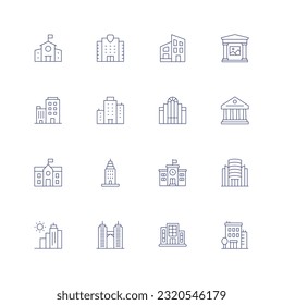 Building line icon set. Editable stroke. Thin line icon. Containing middle school, migration, modern house, museum, office building, office, parliament, politics, school, skyscraper, shopping mall.