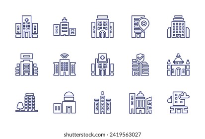 Conjunto de iconos de la línea de construcción. Trazo editable. Ilustración vectorial. Consta de construcción hospitalaria, edificio, edificio urbano.