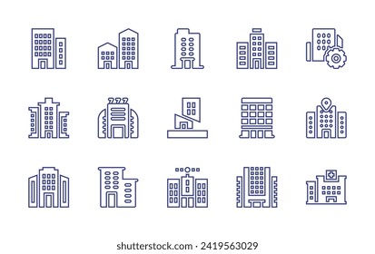 Building line icon set. Editable stroke. Vector illustration. Containing buildings, building, business, casino, office building, hospital.