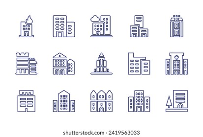 Building line icon set. Editable stroke. Vector illustration. Containing building, office, furniture, buildings, empire state building, hospital.