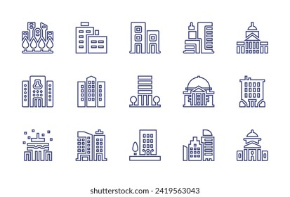 Building line icon set. Editable stroke. Vector illustration. Containing greens, buildings, city hall, building, laboratory, apartment, nursing home, building trade, government building.