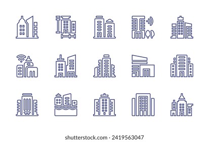 Building line icon set. Editable stroke. Vector illustration. Containing skycraper, skyscraper, buildings, measure, smart, smart city, skyscrapper, building, office building, shopping mall.