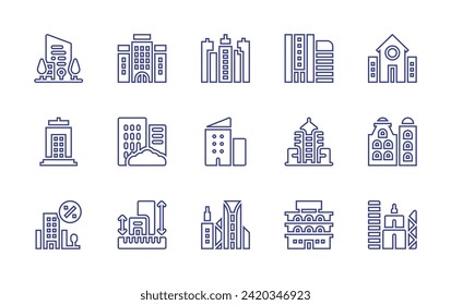 Building line icon set. Editable stroke. Vector illustration. Containing city, building, hotel, library, buildings.