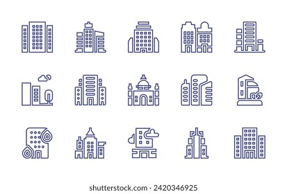 Building line icon set. Editable stroke. Vector illustration. Containing buildings, building, green city, architecture, building on fire.