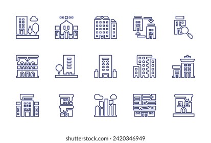 Building line icon set. Editable stroke. Vector illustration. Containing flats, building, city, city building.