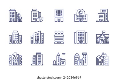 Building line icon set. Editable stroke. Vector illustration. Containing city, company, building, school, office building, casino, hotel, migration, buildings.