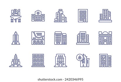 Building line icon set. Editable stroke. Vector illustration. Containing buildings, flats, hotel, building, empire state building.