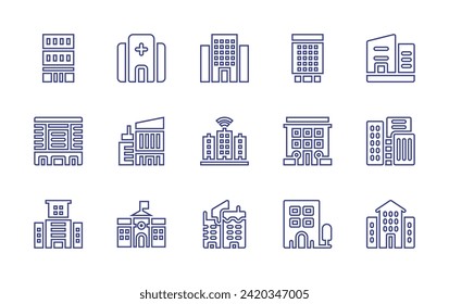 Building line icon set. Editable stroke. Vector illustration. Containing hotel, smart city, building, hospital, office, town, school, company, buildings.