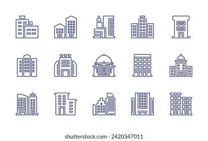 Building line icon set. Editable stroke. Vector illustration. Containing business, casino, building, trade, government building, city, buildings.