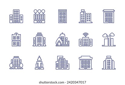 Building line icon set. Editable stroke. Vector illustration. Containing condo, apartment, building, office building, apartments, fire, buildings, empire state building.