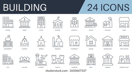 Conjunto de iconos de línea de construcción. Colección de contorno editable con oficina, hospital, mezquita, centro comercial, aeropuerto, fábrica y más. Ideal para UI, mapas, bienes raíces y diseños de ciudades inteligentes.
