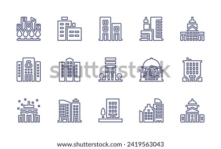 Building line icon set. Editable stroke. Vector illustration. Containing greens, buildings, city hall, building, laboratory, apartment, nursing home, building trade, government building.