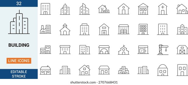 Baureihen-Ikonensatz mit Häusern, Büros, Wohnungen, Fabriken, Kirchen, Geschäften und Bauelementen mit editierbarem Strich, entworfen für Karten, Web, App und Architekturprojekte.