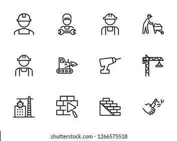 Building line icon set. Set of line icons on white background. Architecture concept. Builder, wall, drill, construction crane. Vector illustration can be used for topics like building, development