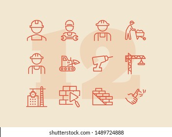 Building line icon set. Set of line icons on white background. Architecture concept. Builder, wall, drill, construction crane. Vector illustration can be used for topics like building, development