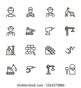 Building line icon set. Set of line icons on white background. Architecture concept. Builder, wall, drill, construction crane. Vector illustration can be used for topics like building, development