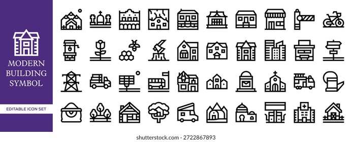 Conjunto de iconos de línea de construcción con Colección de símbolos editables de bienes raíces, arquitectura y construcción