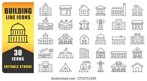 Conjunto De Iconos De Línea De Construcción Que Muestra Diseños De Contorno Limpios, Modernos Y Versátiles Para Proyectos Arquitectónicos, De Planificación Urbana Y De Construcción, Perfectos Para El Uso digital Y La Marca. Iconos aislados del vector.