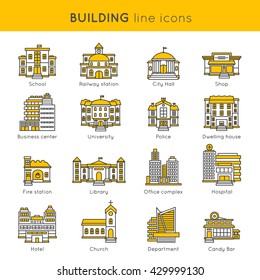 Building line icon set with titles school railway station city hall shop business center university and different vector illustration