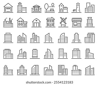 Building line icons. Architecture urban buildings residential, commercial, industrial and public houses. Skyscraper house, townhouse. Hospital, church and factory, warehouse vector thin structures.