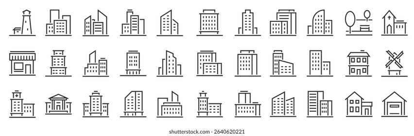 Building line icons. Architecture urban buildings residential, commercial, industrial and public houses. Skyscraper house, townhouse. Hospital, church and factory, warehouse vector thin structures.