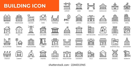 Colección de iconos de línea de construcción. iconos web de la interfaz de usuario configurados en un diseño plano. Paquete de iconos de contorno. Iconos arquitectónicos