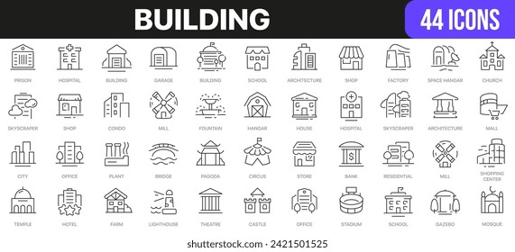 Building line icons collection. UI icon set in a flat design. Excellent signed icon collection. Thin outline icons pack. Vector illustration EPS10