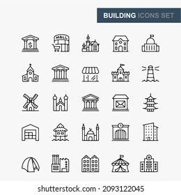 Construyendo iconos de línea. Stroke editable. Pixel Perfecto. Para móvil y web. Contiene iconos como Edificio, Arquitectura, Construcción, Inmobiliaria, Casa, Escuela, Hotel, Iglesia, Castillo