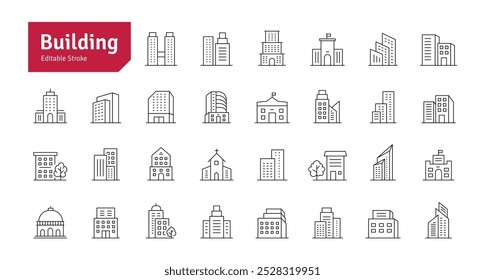 Criação de conjunto de ícones de linha. Apartamento, Casa, Imóveis, Paisagem urbana, Escritório, Banco, Escola, Universidade, Ícones de hotel. Ilustração editável do vetor de traçado