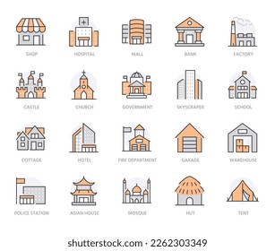 Building line icons set. Hospital, hotel, bank, mall, skyscraper, government city hall, castle, police minimal vector illustration. Simple flat outline sign for web app. Orange color. Editable Stroke