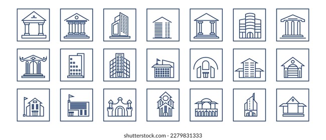 Building line icons set. Hospital, hotel, bank, mall, skyscraper, government city hall, castle, police minimal vector illustration. Simple flat outline sign for web app.