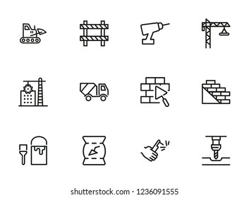 Building line icons. Set of line icons on white background. Building blocks, cement, truckload. Construction concept. Vector illustration can be used for topics like building, house, development