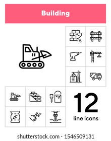 Building line icons. Set of line icons on white background. Building blocks, cement, truckload. Construction concept. Vector illustration can be used for topics like building, house, development