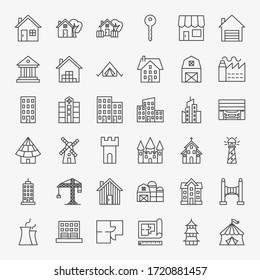 Building Line Icons Set. Vector Thin Outline House Symbols.