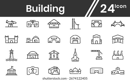 Building Line icons set for web Editable file. town house, mall, coffee, Hotel, hospital, apartament, city collection. Vector illustration.
