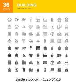 Building Line Web Glyph Icons. Vector Illustration of House Outline and Solid Symbols. 